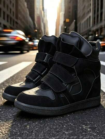 Women's High-Top Sneakers, New 2026 Hidden Wedge Shoes, Black Round Toe Flat Casual Shoes, Autumn/Winter Hook And Loop Boots