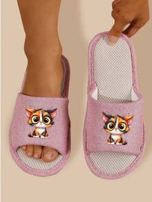 Couples Spring/Autumn New Animal Open-Toe Linen Slippers, Solid Color Cute Fabric Slip-On Non-Slip Breathable Unisex Slippers - Pink - View 6