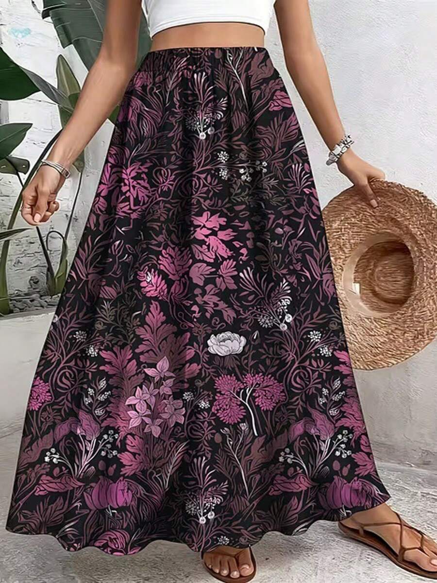 Plus Size A-Line Large Flare Long Maxi Skirt, Black Base Pink-Purple Retro Plant & Floral Print, Elastic Waist With Side Pockets, Clean & Neat Loose A-Line Silhouette, Suitable For Beach Vacation & Daily Casual Wear (Shopping, Dating), Breathable Fabric, Versatile Four-Season Long Skirt - 彩色 - 查看 1