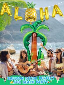 6pcs Coconut Pineapple Foil Balloon Set, Includes Green Oversized Standing Coconut Tree Foil Balloon, Letter Balloons, Green Leaf Pineapple, Suitable For Summer Theme, Birthday Party, Tropical Aloha Party Decoration - Multicolor - View 5