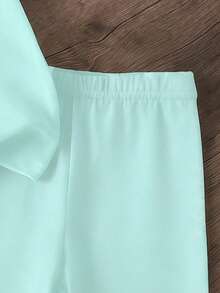 2pcs/Set Young Girl's Casual Cartoon Print Short Sleeve T-Shirt And Minimalist Print Shorts Set, Suitable For Summer Outings - Green - View 4