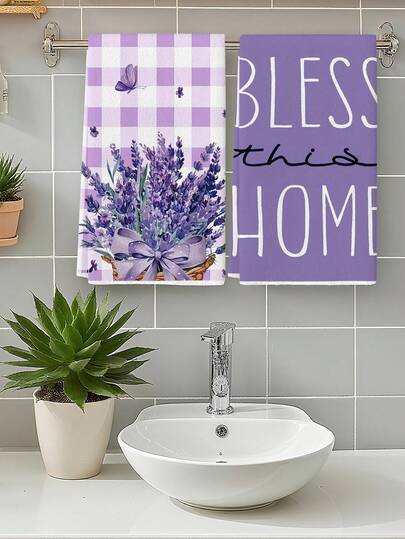 2Pcs Purple & White Lavender Dish Towels Set, One Towel With Checkered Background And Lavender Bouquet, Other Towel With "HOME Sweet HOME" Text On Solid Purple, Highly Absorbent Kitchen Towels, French Country Style Tea Towels For Kitchen, Dining Room Or Farmhouse Decor