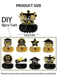 8pcs/4pcs/1pc Black & Gold 2026 Graduation Party Decor Set: Includes "Class Of 2026" Honeycomb Tabletop Centerpiece Decor With Black & Gold Accents. Great As Graduation Party, Celebration & Commencement Season Tabletop Decor, Creative Photo Prop. - Multicolor - View 6