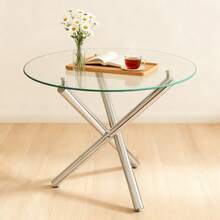 Round Dining Table With Tempered Glass Top And Metal Legs, Coffee Table, Modern And Minimalist Dining Table, 80 * 80 * 76 Cm - Transparent + Silver - View 3