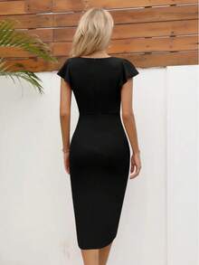 Women's Sweetheart Neck Ruffle Detail Leg Slit Sexy Ruffle Sleeve Dress, Versatile And Elegant - Black - View 2