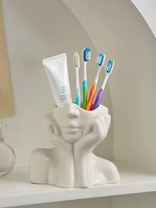 Creative Face Sculpture Toothbrush Holder For Bathroom Vanity Countertop, Single Piece Creative Design Toothbrush Organizer, Unique Bathroom Storage Container For Toothbrushes And Toothpaste, Artistic Decorative Bathroom Accessories - Multicolor - View 4