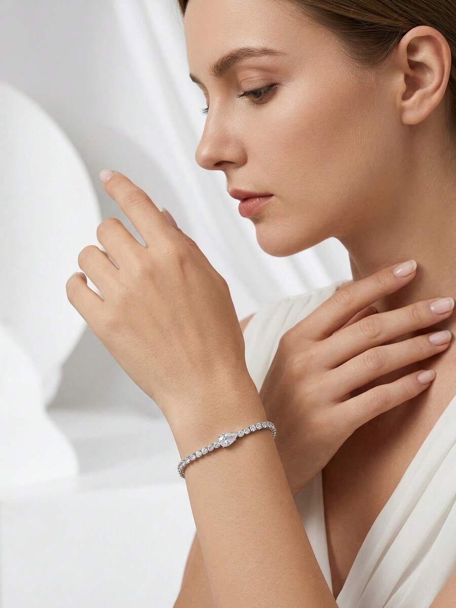 1 Set Luxury Elegant Cubic Zirconia Teardrop Design Bracelet, Suitable For Women's Wedding & Party Wear, Excluding Gift Box - Silver - View 1