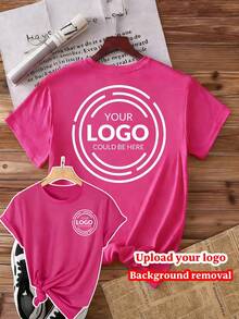 Customized Women's T-Shirt Round Neck Rose Red, Personalized Logo Photo Print Work Team Uniform, Design Your Own Business Shirt Summer - Hot Pink - View 1