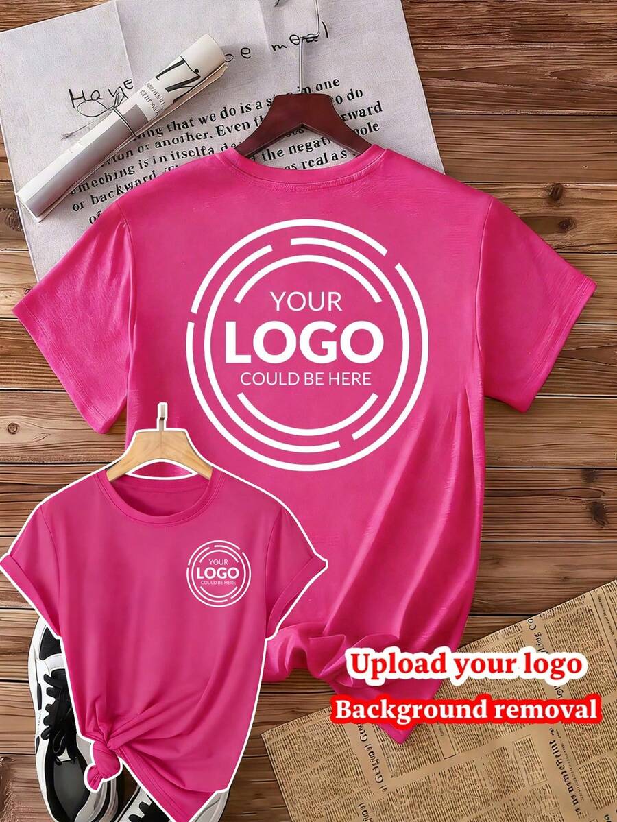 Customized Women's T-Shirt Round Neck Rose Red, Personalized Logo Photo Print Work Team Uniform, Design Your Own Business Shirt Summer - Hot Pink - View 1