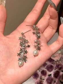 1 Đôi bông tai tối giản cá nhân hóa hình ngôi sao bạc đính ngọc trai giả, thanh lịch, độc đáo, tinh tế, thời trang, đa năng, phù hợp cho nữ giới hàng ngày, thường ngày và ngày lễ. - Bạc - Xem 2
