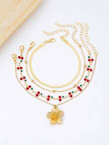 4pcs Cherry Blossom & Egg Pendant Charm Set, Elegant Layered Anklet Suitable For Women's Daily & Vacation Outfits - Yellow Gold - View 5
