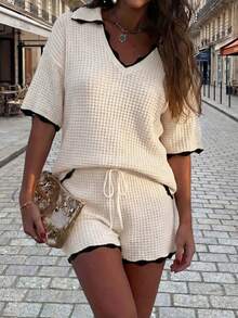 Women's Cream Waffle Texture Contrast Trim Short Sleeve Shorts Set, Beach Vacation Casual Summer Outfit - Milky White - View 4