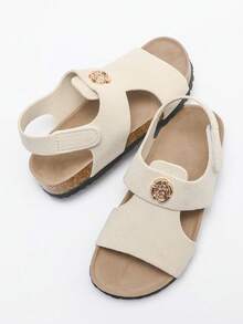 1 Pair Girls' Gold Floral Emblem Decor Faux Suede Upper, Rubber Sole With Soft Cork Midsole, Non-Slip Shock Absorbing Open Toe Hook And Loop Strap Flat Sandals, Fashionable Casual For Daily & Holiday Wear - Beige - View 5