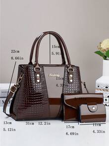 3pcs Women's PU Handbag Set, Elegant Fashion Tote Bag With Coin Purse And Card Holder, Multifunctional Large Capacity Shoulder Bag, Stylish And Unique Design, Available In Multiple Colors - Coffee Brown - View 5
