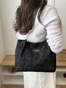 时尚条纹手提包 - 女士大容量单肩包 - 拉链托特包，日常实用 - 简约链条单肩托特包，适合女孩、女士、大学生、年轻职业人士和上班族，是办公室、工作、商务、通勤的理想之选，也是女士最佳工作包，必备返校单品。蝴蝶图案 - 黑色 - 查看 3