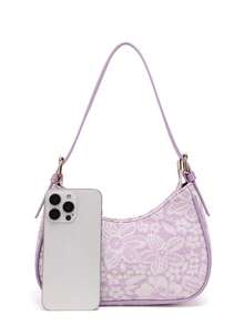 Túi đeo vai nữ họa tiết hoa tím, túi xách tay thời trang phong cách Y2K, túi đeo chéo nữ, túi hình lưỡi liềm thời trang, túi baguette thanh lịch. - Hồng - Xem 3