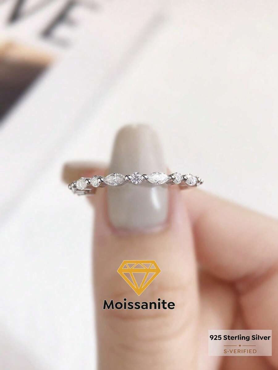 1枚独特优雅的马眼形圆形莫桑石风格S925纯银奢华结婚订婚承诺周年纪念戒指，女士珠宝礼物，圣诞礼物 - 馬眼圓鑽莫桑戒指 - 查看 1