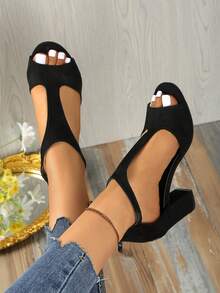 Sandalias de tacón alto de ajuste ancho para mujer, tacones altos de punta, zapatos de fiesta de moda, sandalias casuales de punta abierta de talla grande - Negro - Ver 5