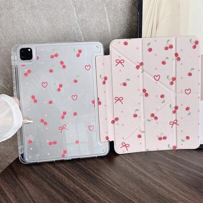1 chiếc ốp lưng máy tính bảng trong suốt hình trái tim anh đào, có chân đế gập ba, tự động tắt/mở màn hình, tương thích với iPad Pro 11, Air 11/13 M3, 11 A16, thế hệ thứ 10/9/8/7, Air 4/5, 10.9/10.2/9.7 inch & Galaxy Tab S10/S9/S8 Series, Tab A9+/A8, S10 FE/S9 FE, 11/12.4 inch
