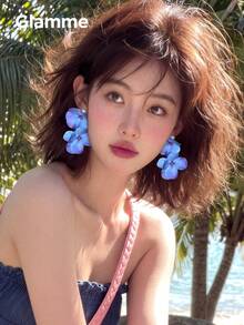 1對誇張花朵人造珍珠垂墜耳環，適合女性休閒日常穿著、度假、時尚優雅、生日派對 - 藍色 - 查看 7