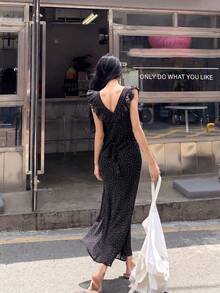 [Y6Y] Đầm maxi dáng chữ A bằng chiffon chấm bi thanh lịch, tay ngắn xếp nếp, cổ vuông, chân váy xòe. - màu đen - Xem 2
