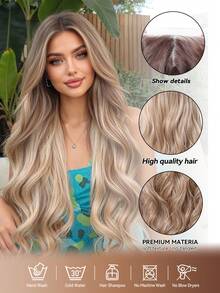 Peluca sintética de onda corporal de 26 pulgadas 13*4 con encaje frontal para mujeres, con reflejos de rubio ceniza a marrón ombre, de aspecto natural y resistente al calor para uso diario, fiestas y vacaciones - Multicolor - Ver 6