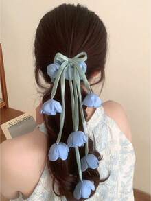 1pc Tulip Ribbon Hair Scrunchie With Bowknot, Suitable For Teenage Girls - Multicolor - View 9