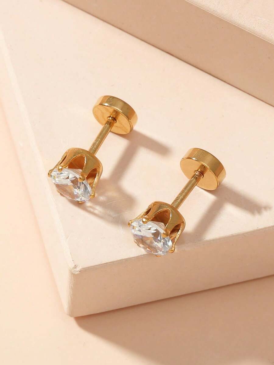 2颗6毫米锆石圆形不锈钢耳钉，简约时尚，男女皆宜，日常佩戴 - 6mm - 查看 1