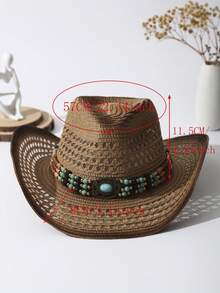 1pc Unisex Turquoise Decor Dyeing Printed Adjustable Hollow Out Summer Travel Shade Hand Woven Wide Brim Windproof Rope Breathable With Beaded Trim Band Handmade Cowgirl Hat Cowboy Hat Sun Hat Beach Hat Straw Hat - Màu Khaki - Xem 4