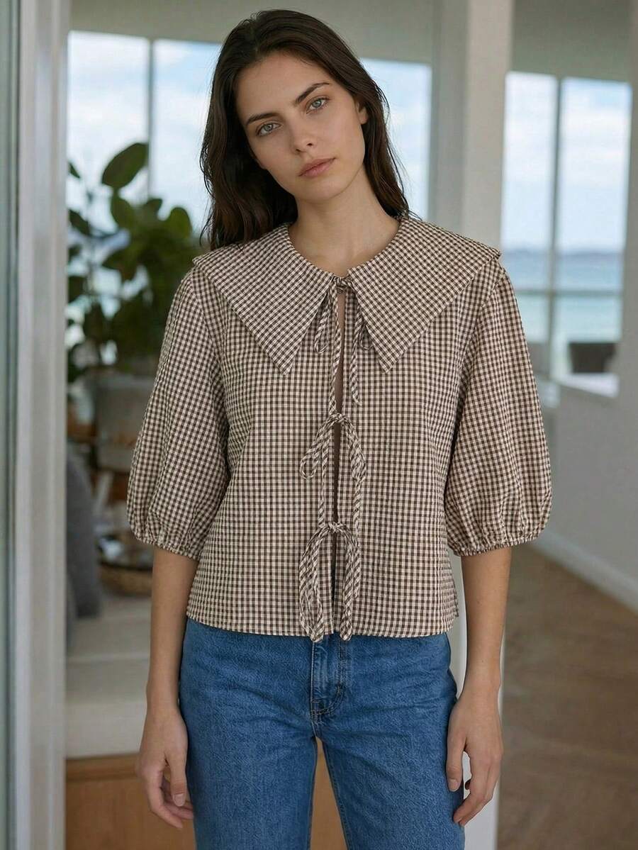 Women's Cute Countryside Vacation Style Printed Petal Sleeve Tie Front Blouse, Summer - Coffee Brown - View 1