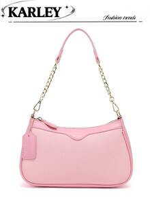 Túi đeo vai dây xích màu hồng, túi đeo chéo nhỏ dành cho nữ, túi thời trang đa năng, thiết kế tối giản nhẹ nhàng, túi hình trăng lưỡi liềm, túi baguette, túi đeo nách phong cách Y2K. - Hồng - Xem 7