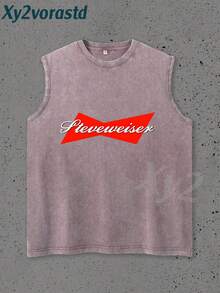 "King Of Beer"Y2K Style Streetwear Men's Tank Top (220g Pure Cotton), Hip-Hop Cyberpunk Style Sleeveless Double-Side Printed Graphic T Shirts, Vintage Pattern Fun Print, Hip-Hop Style, Men's Summer Round Neck Short-Sleeved Casual T-Shirt For The Beach, Summer Streetwear. Holiday Gift. - 咖啡棕 - 查看 2