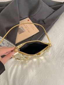 奢华金色大号亮片腋下包，闪亮肩挎斜挎包，适合晚宴派对，小众设计迷你手拿包/手机包 - 金色 - 查看 9