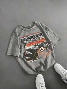 Retro DaleS Earnhardt #3 NASCARS 7 Championships Racing Car Graphic Tee,Casual Print,Comfortable And Versatile,Pure Cotton 220g Washed Printed T-Shirt - 灰色 - 查看 20