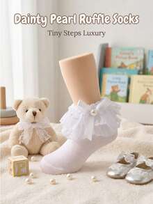 1Pair Baby Girl White Lace Ruffle Socks With Faux Pearl Bow, Cute Princess Ankle Socks For Toddler Infant - White - View 5