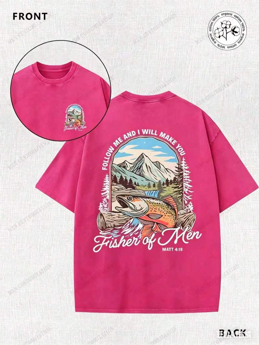 Matthew's Gospel, Fishing, Fisherman, Religion, 230g Double-Sided Printed Batik Vintage Washed T-Shirt, 100% Cotton, Comfortable For Summer Wear, Simple And Casual, Men's Cool Short-Sleeve T-Shirt - 紅色 - 查看 1