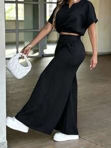 Women's Casual Everyday Commute Minimalist Solid Color Notched Neck Cropped Top And Wide Leg Pants Set, Spring/Summer/Autumn Black Elegant - Black - View 3