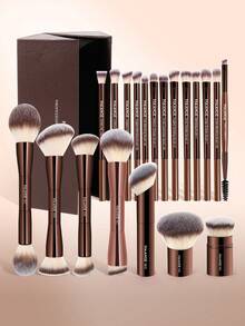 MAANGE 20/21/22/28 piezas Juego de brochas de maquillaje, que incluye 20/24 piezas de brochas de maquillaje profesionales con tubo de aluminio + esponja de maquillaje + caja de almacenamiento, que contiene brocha para rubor, brocha para polvo, brocha para sombra de ojos, brocha para corrector, brocha para iluminador, brocha para contorno, brocha para cejas, brocha difuminadora, brocha para base, juego de herramientas de maquillaje, accesorios de maquillaje como regalo para mujeres y niñas - Marrón - Ver 3