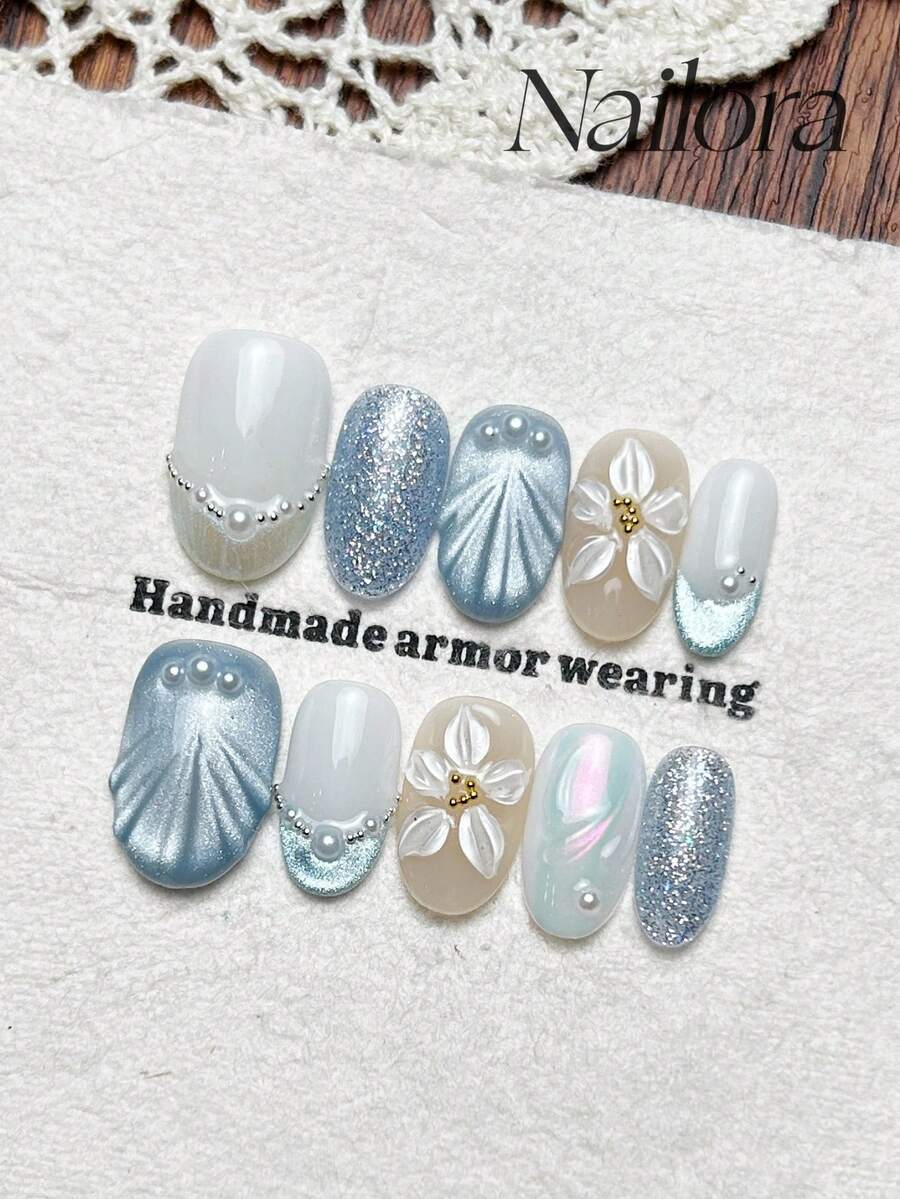 10 móng tay giả thủ công hình oval, móng acrylic dán, móng ngắn, móng tối giản xanh trắng, móng mắt mèo kiểu Pháp nổi bật, bột nhũ Aurora, vẽ tay hoa 3D chạm khắc hình nàng tiên cá, khảm ngọc trai, móng dán tự làm đơn giản, thanh lịch, sang trọng, móng mùa hè, móng đa năng tự làm nghệ thuật móng giả, thích hợp sử dụng hàng ngày và dự tiệc & hẹn hò, phù hợp sử dụng trong môi trường công sở, có thể tái sử dụng, làm quà tặng cho phụ nữ & bé gái. - Màu xanh nhạt - Xem 1