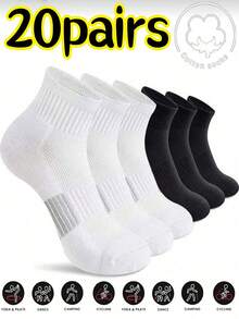 Bộ 20 đôi tất cổ ngắn màu trơn unisex, mềm mại và thoải mái, họa tiết ngựa, tất thể thao thường ngày và đa năng, phù hợp cho mặc hàng ngày hoặc các hoạt động ngoài trời, mọi mùa, tất nam thường ngày, tất cổ ngắn, tất trắng. - Nhiều màu - Xem 1