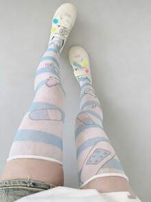 1双夏季日系亚文化甜美可爱白色长筒袜，卡通动漫印花过膝/及膝天鹅绒袜，软妹萝莉角色扮演紧身裤 - 彩色 - 查看 3