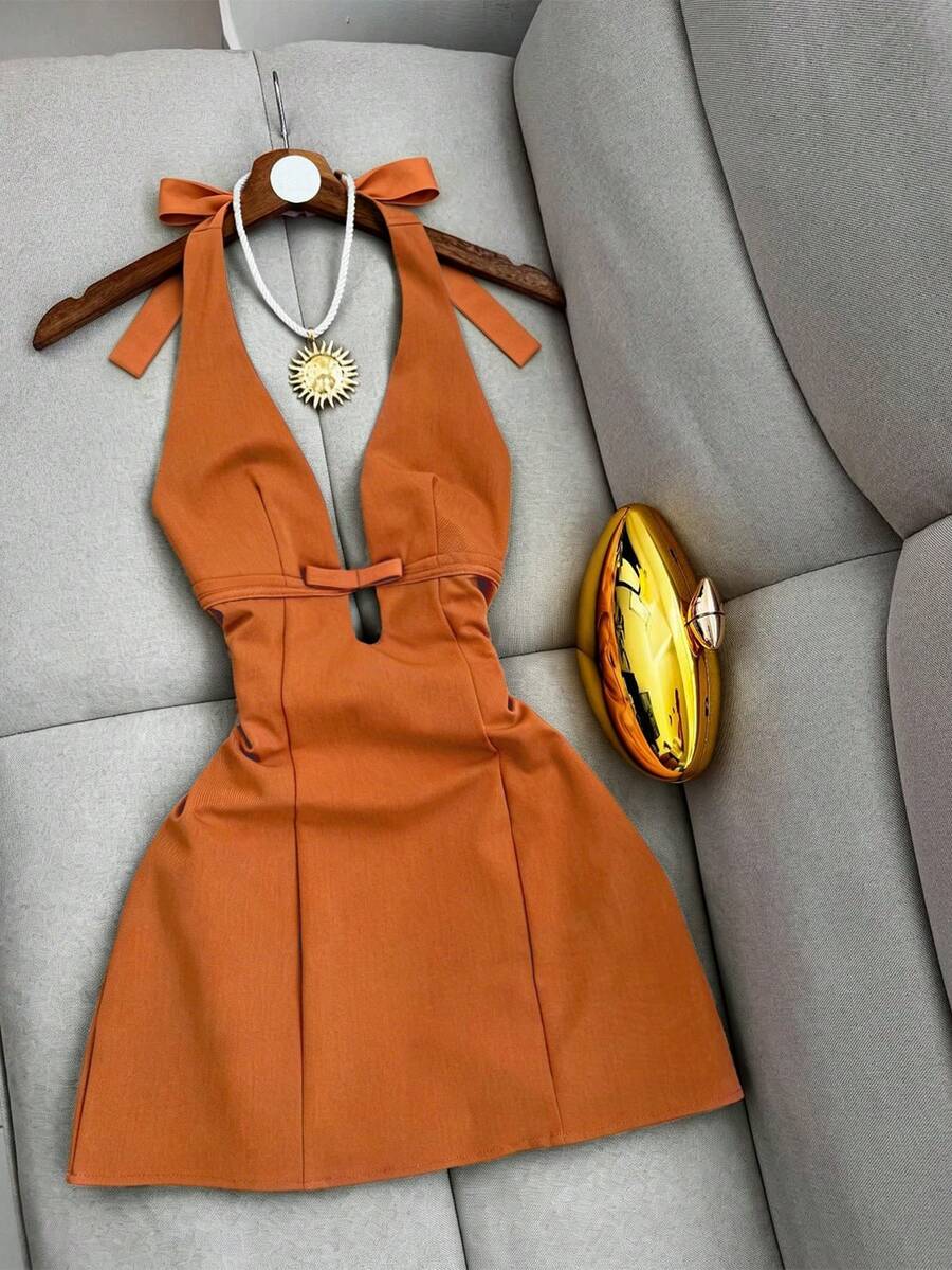 女士度假连衣裙，时尚优雅百搭纯色迷你连衣裙，配性感蝴蝶结，适合派对和日常穿着，夏季必备 - 亮橙色 - 查看 1