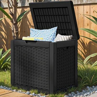Outdoor Lockable 32 Gal Resin Deck Box, Storage Box With Lockable Lid & Side Handles, Black