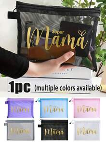 Mother's Day Gift Mesh Makeup Bag, Golden Letter "Súper Mama" Mesh Cosmetic Bag, Creative Printing Of "Mama"Heart Print Pattern, Transparent Makeup Pouch With Zipper, Large Capacity Mesh Storage Bag With Zipper, Reusable Toiletry Bag For Women, Perfect Mother's Day Gift, Portable Travel Storage Bag For Cosmetics - Multicolor - View 3