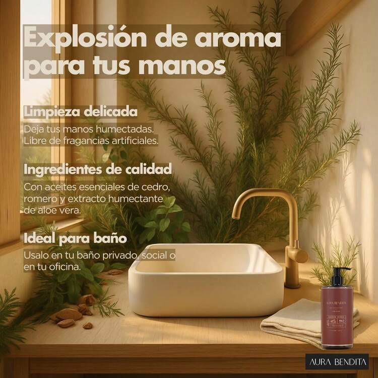 Jabón Líquido para Manos con Aceites Esenciales 100% puros: Té Limón, Romero + Aloe Vera |   Sin Fragancias Artificiales, Parabenos ni Ftalatos |   Jabón de Manos AURA BENDITA (500ml, Limonero) - Madera Sagrada - Añade 4