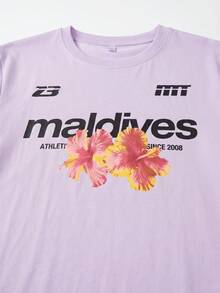 女士马尔代夫芙蓉花时尚运动印花T恤，紫色休闲运动短袖圆领T恤，夏季款 - 淡紫色 - 查看 4