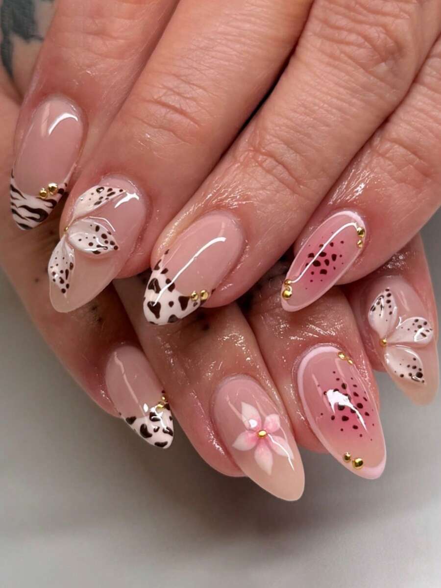 NAIO 24 pièces Autocollants pour ongles manucure française imprimés fleurs 3D et léopard, forme amande courte, détails de fleurs 3D en gel, style Y2K, surface lisse avec couverture complète, faux ongles convenant aux femmes et aux filles pour un usage quotidien et les fêtes - Multicolore - Voir 1