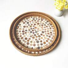 1 pieza Bandeja decorativa hecha a mano de estilo vintage con ratán y conchas, organizador artístico, bandeja para aperitivos, bandeja de té para decoración del hogar - Multicolor - Ver 10