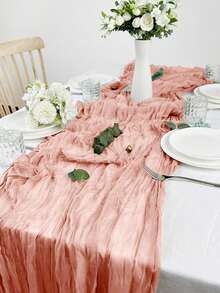 1pc Coral Pink Chiffon Ruffle Design Table Runner, Solid Color Tablecloth, Suitable For Holiday, Graduation, Birthday Party Decor, Wedding Accessories, Family Holiday Party Table Decor, Baby Shower, Bridal Shower Tablecloth, Party Table Runner, Cheese Cloth Table Runner, Table Decor - Coral Pink - View 8