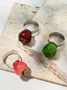 3 piezas Anillos de resina con diseño 3D de manzana realista, joyas únicas con forma de manzana roja y verde - Multicolor - Ver 6